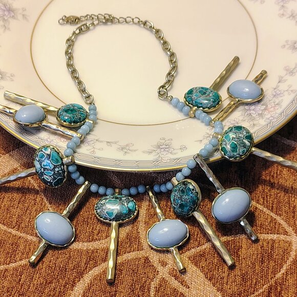 Vtg Signed Lucia Turquoise Large Bib Choker Necklace Silver Tone Native American - Picture 1 of 7
